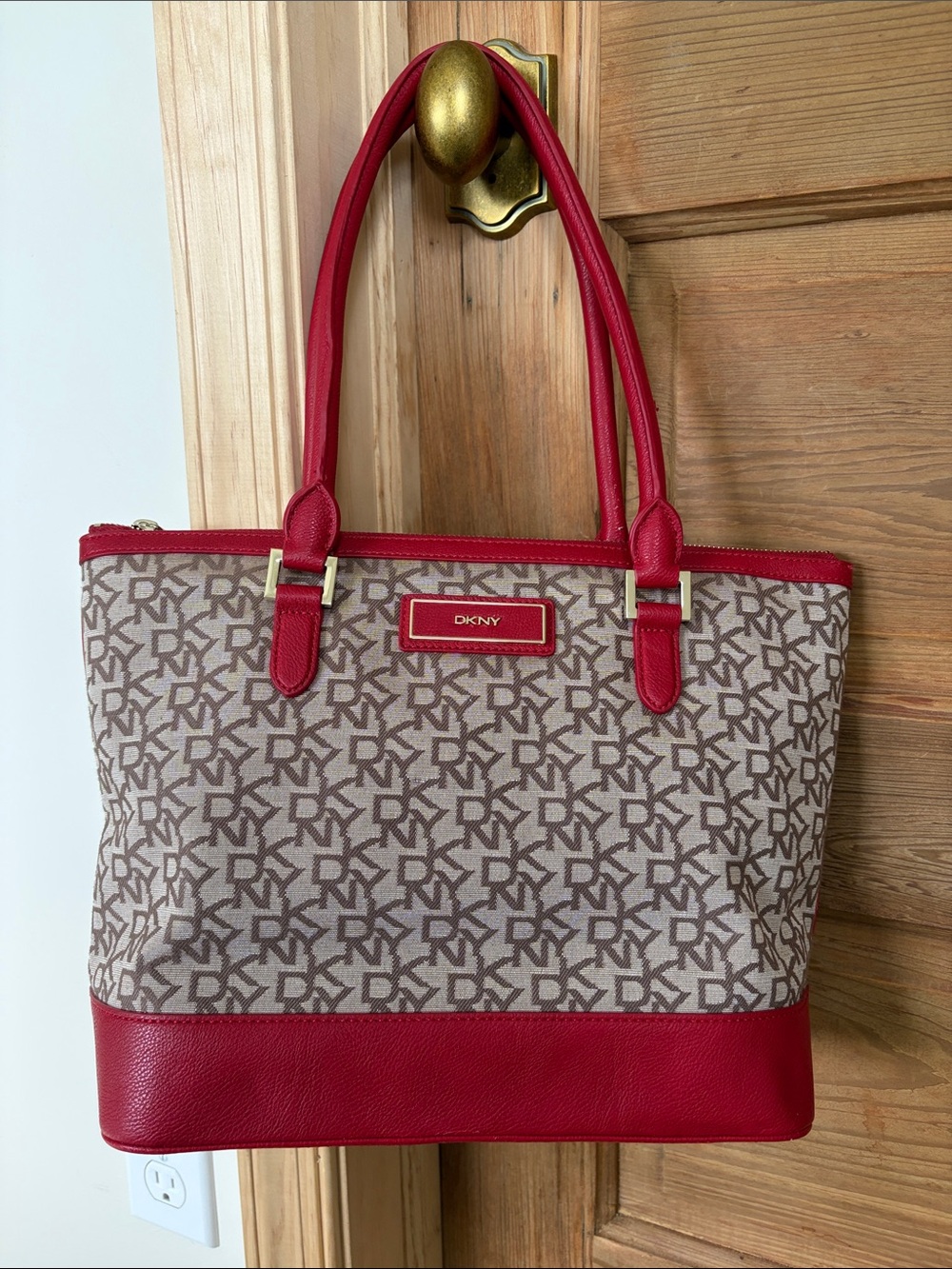 DKNY Red and Tan Logo-Print Tote